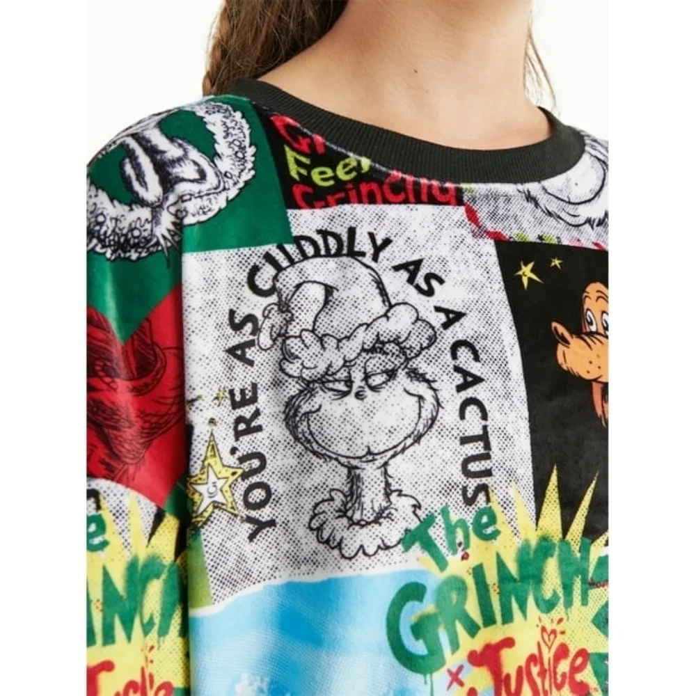 JUSTICE Girls Grinch Graphic Velour Sweatshirt, Super Soft Boxy, Christmas 7/8 S